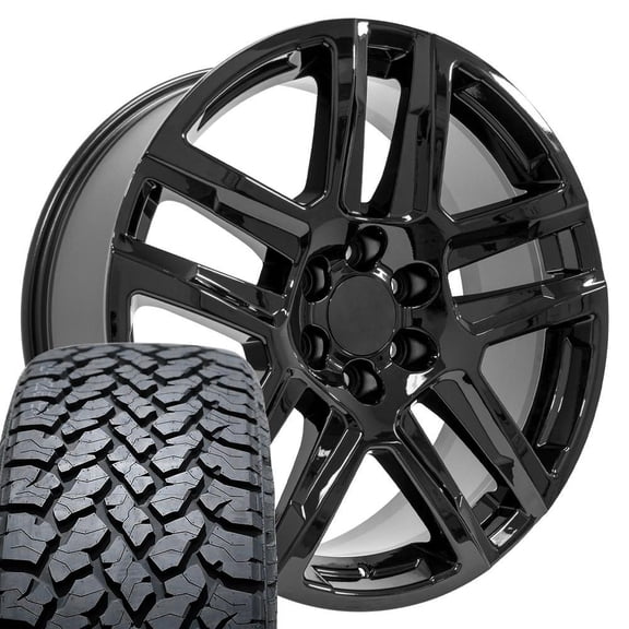 OE Wheels CV63 22 Inch Rims and Tires Fit Silverado 1500 Z71 Style 6x139.7 22x9 Gloss Black - Hollander 5913 - TS-37 AT 285/45-22 (Set of 4)