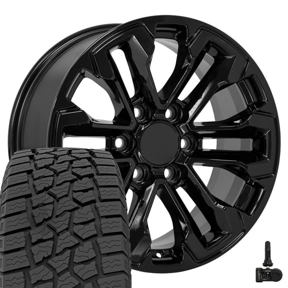 OE Wheels CV69 18 Inch Rims, Tires & TPMS Fit Silverado 1500 Style 6x139.7 18x8.5 Gloss Black - Hollander 5905 - Ironman All Country AT-X 275/65R18 (Set of 4)