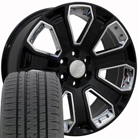 OE Wheels CV93B 22 Inch Rims and Tires Fit Silverado 1500 Style 6x139.7 22x9 Gloss Black with Chrome Insert - Hollander 5660 - Bridgestone Dueler Alenza HL 285/45r22 (Set of 4)