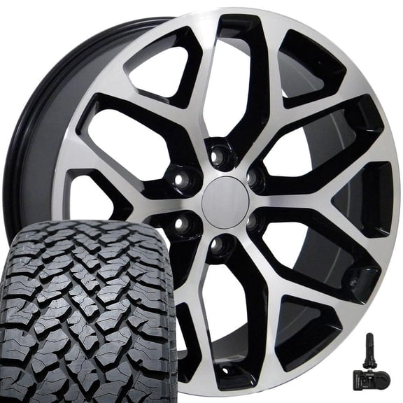 OE Wheels CV98 20 Inch Rims and Tires Fit Silverado 1500 Snowflake Style 6x139.7 20x9 Gloss Black Machined - Hollander 5668 - TS-37 AT 275/55-20 (Set of 4)