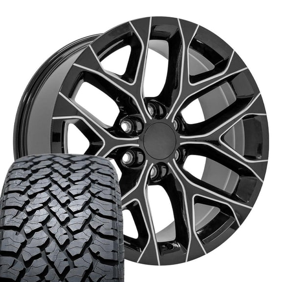 OE Wheels CV98 20 Inch Rims and Tires Fit Silverado 1500 Snowflake Style 6x139.7 20x9 Gloss Black with Milled Edge - Hollander 5668 - TS-37 AT 275/55-20 (Set of 4)