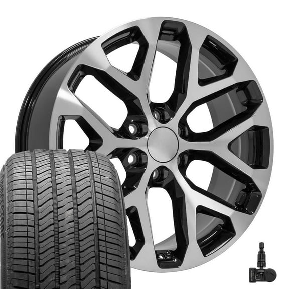 OE Wheels CV98 22 Inch Rims and Tires Fit Silverado 1500 Snowflake Style 6x139.7 22x9 Gloss Black Machined - Hollander 5668 - Alenza A/S 02 275/50-22 (Set of 4)