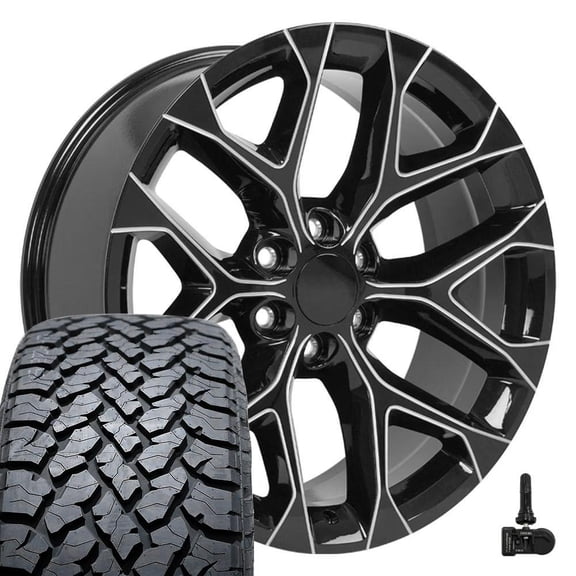 OE Wheels CV98 22 Inch Rims, Tires & TPMS Fit Silverado 1500 Snowflake Style 6x139.7 22x9 Gloss Black with Milled Edge - Hollander 5668 - TBB TS-37 AT 285/45-22 (Set of 4)