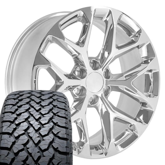 OE Wheels CV98 22 Inch Rims and Tires Fit Silverado 1500 Snowflake Style 6x139.7 22x9 Chrome - Hollander 5904 - TS-37 AT 285/45-22 (Set of 4)