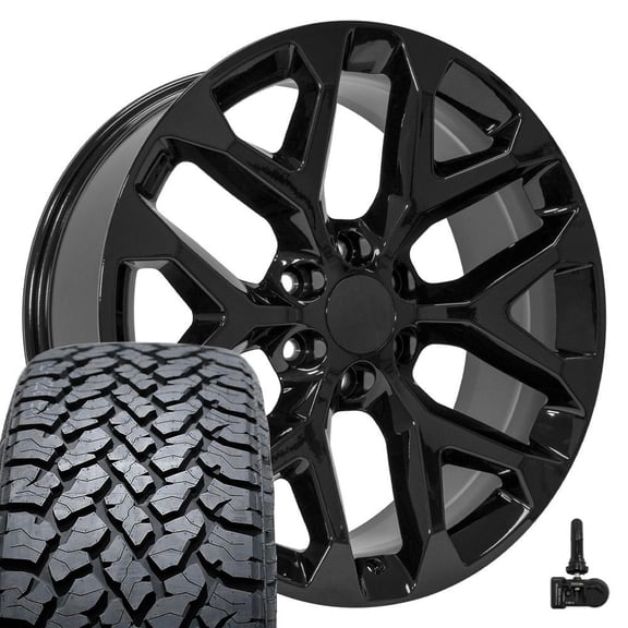 OE Wheels CV98 22 Inch Rims and Tires Fit Silverado 1500 Snowflake Style 6x139.7 22x9 Gloss Black - Hollander 5668 - TS-37 AT 285/45-22 (Set of 4)