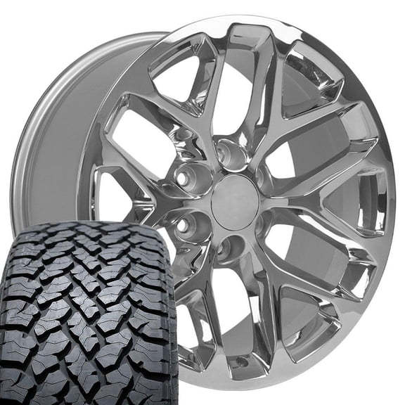 OE Wheels CV98B 20 Inch Rims & Tires Fit Silverado 1500 Snowflake Style 6x139.7 20x9 Chrome - Hollander 5668 - TBB TS-37 AT 275-55-20 (Set of 4)