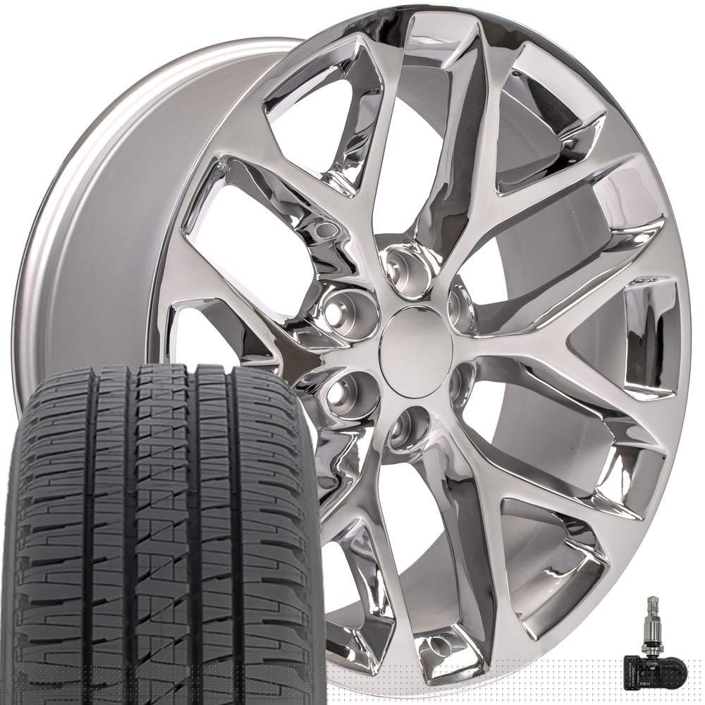 OE Wheels CV98B 22 Inch Rims, Tires & TPMS Fit Silverado 1500 Snowflake Style 6x139.7 22x9 Chrome - Hollander 5668 - Bridgestone Dueler Alenza HL 285/45-22 (Set of 4)