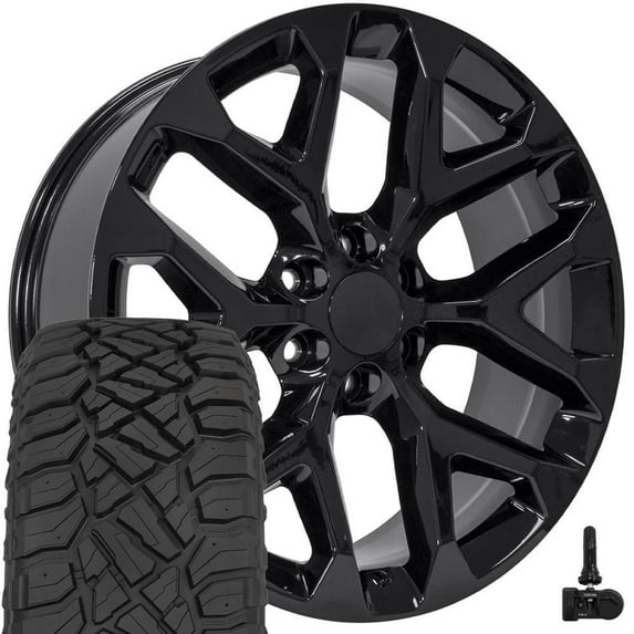 OE Wheels CV98B 22x9 Snowflake Wheels - Gloss Black 22 Inch Rims Set of 4, 6x139.7 Wheels - Optional TPMS & 285/45R22 Tires and Rims Packages - Fits GM Trucks & SUVs (TerraMax RT, TPMS)