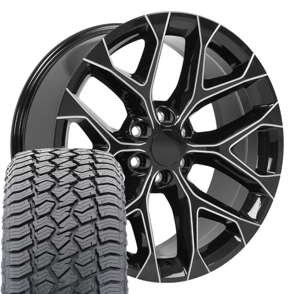 OE Wheels CV98B 22 Inch Rims and Tires Fit Silverado 1500 Snowflake Style 6x139.7 22x9 Gloss Black with Milled Edge - Hollander 5668 - TerraMax AT2 285/45r22 (Set of 4)
