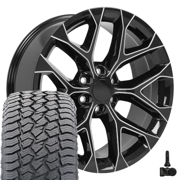 OE Wheels CV98B 22 Inch Rims and Tires Fit Silverado 1500 Snowflake Style 6x139.7 22x9 Gloss Black with Milled Edge - Hollander 5668 - TerraMax AT2 285/45r22 (Set of 4)