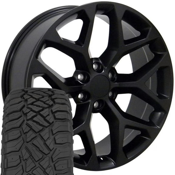 OE Wheels CV98B 22 Inch Rims and Tires Fit Silverado 1500 Snowflake Style 6x139.7 22x9 Satin Black - Hollander 5668 - TerraMax RT 285/45-22 (Set of 4)