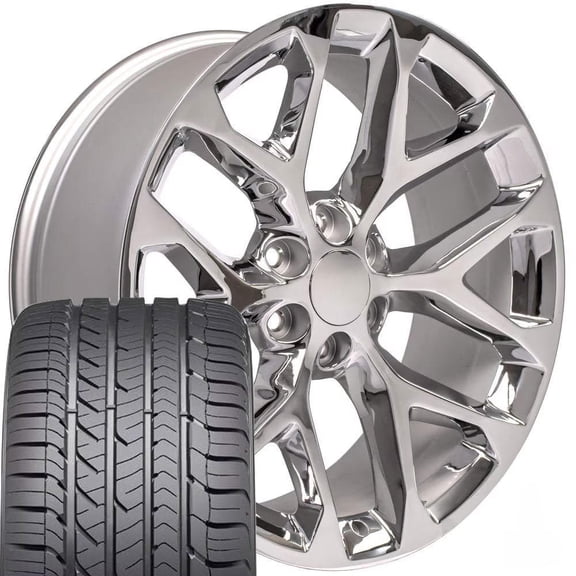 OE Wheels CV98B 22 Inch Rims & Tires Fit Silverado 1500 Snowflake Style 6x139.7 22x9 Chrome - Hollander 5668 - Goodyear Eagle Sport 285/45-22 (Set of 4)
