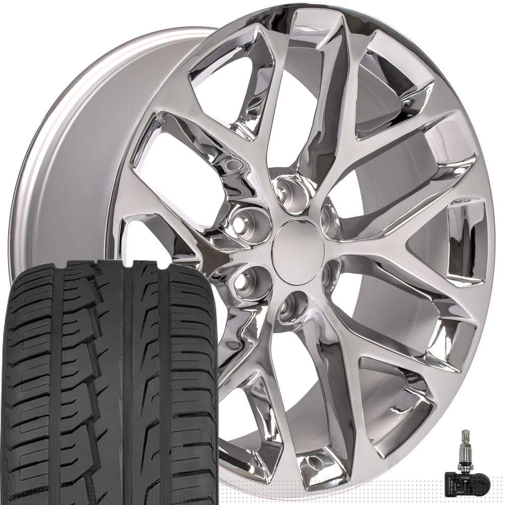 OE Wheels CV98B 22 Inch Rims, Tires & TPMS Fit Silverado 1500 Snowflake Style 6x139.7 22x9 Chrome - Hollander 5668 - Ironman iMove GEN 2 SUV 285/45-22 (Set of 4)