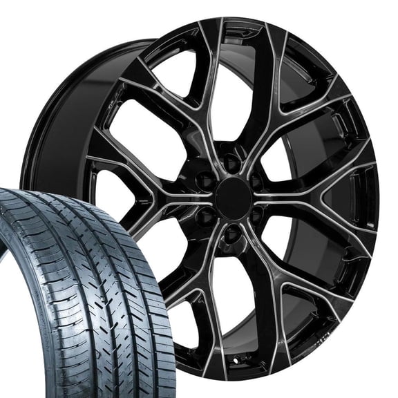 OE Wheels CV98B 26 Inch Rims and Tires Fit Silverado 1500 Snowflake Style 6x139.7 26x10 Gloss Black with Milled Edge - Hollander 4875 - Force UHP 295/30r26 (Set of 4)