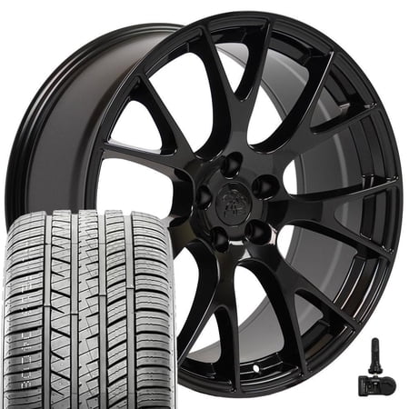 Set(4) OE Wheels DG15 Staggered Gloss Black Rims, UHP Tires & TPMS 5x115