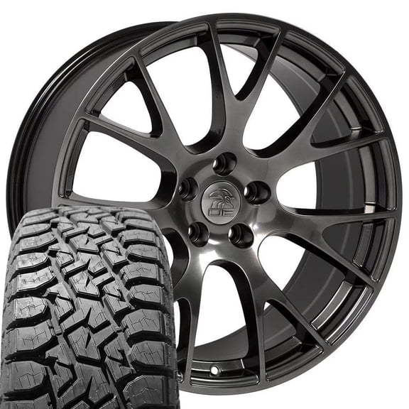 OE Wheels DG69 22 Inch Rims and Tires Fit Ram Hellcat Style 5x139.7 22x10 Gloss Hyper Black - TS-57 RT 33x12.50/22 (Set of 4)