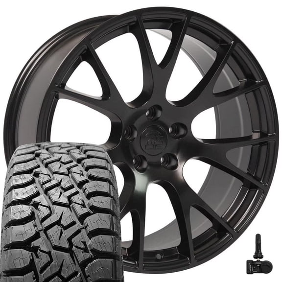 OE Wheels DG69 22 Inch Rims and Tires Fit Ram Hellcat Style 5x139.7 22x10 Satin Black - TS-57 RT 33x12.50/22 (Set of 4)