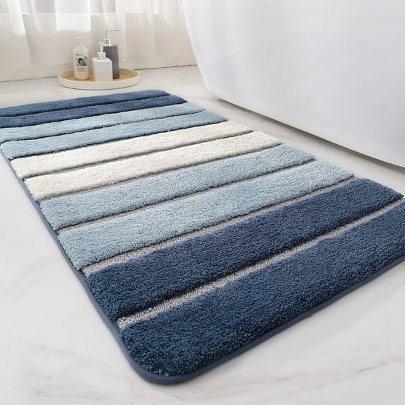 OEAKAY Bath Mat Bathroom Rug Absorbent Non-Slip Washable Shower Floor Mats Carpet 24"x43",Dark Blue Light Blue and White