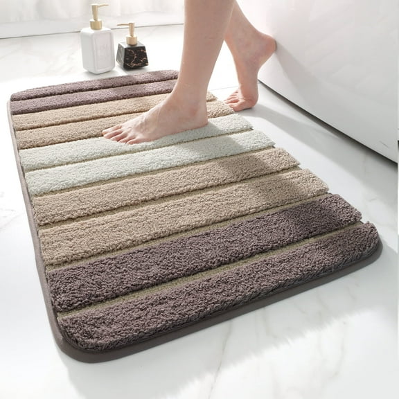 OEAKAY Bath Mat Bathroom Rug Absorbent Non-Slip Washable Shower Floor Mats Small Carpet 16"x24",Brown Beige and White