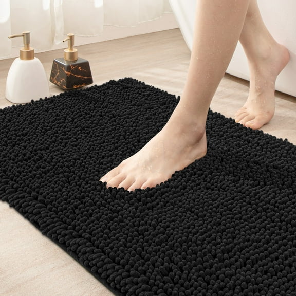 OEAKAY Bath Rug and Mat, Soft Luxury Chenille Bath Rug for Bathroom, Washable Shower Mat Non-Slip, Absorbent Shaggy Bath Rugs, Black Bathroom Rug, 20"X32"