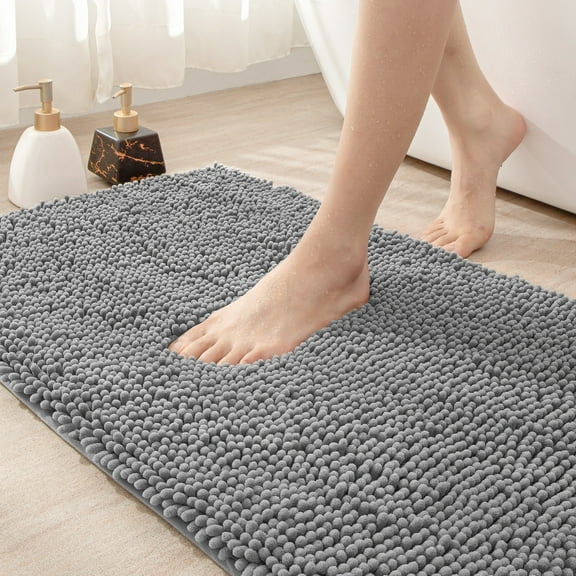 OEAKAY Bath Rug and Mat, Soft Luxury Chenille Bath Rug for Bathroom, Washable Shower Mat Non-Slip, Absorbent Shaggy Bath Rugs, Light Gray Bathroom Rug, 16"x24"