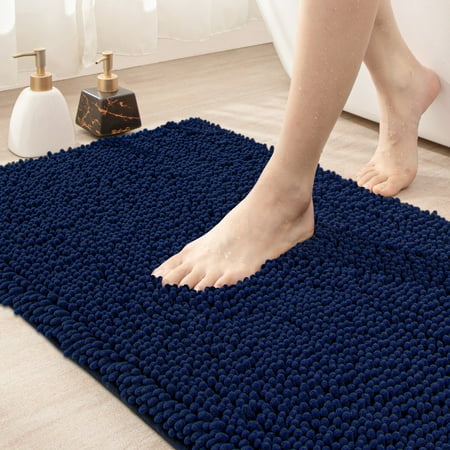 OEAKAY Bath Rug and Mat, Soft Luxury Chenille Bath Rug for Bathroom, Washable Shower Mat Non-Slip, Absorbent Shaggy Bath Rugs, Navy Bathroom Rug, 20"X32"