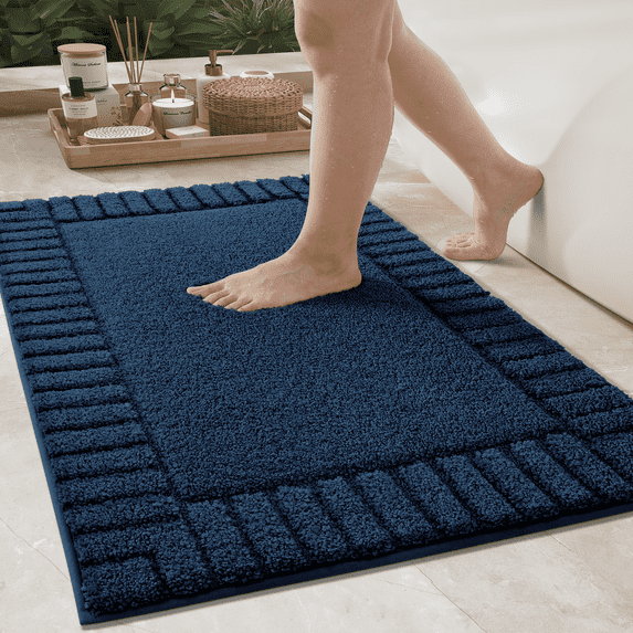 OEAKAY Textured Plush Navy Microfiber Bath Mat, 16"x24", Non-Slip and Absorbent Bathroom Rug, Machine Washable, Quick Drying Shower Floor Carpet