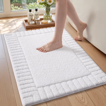 OEAKAY Textured Plush White Microfiber Bathroom Rug Bath Mat, 16" x 24", Non-Slip Soft Absorbent Machine Washable