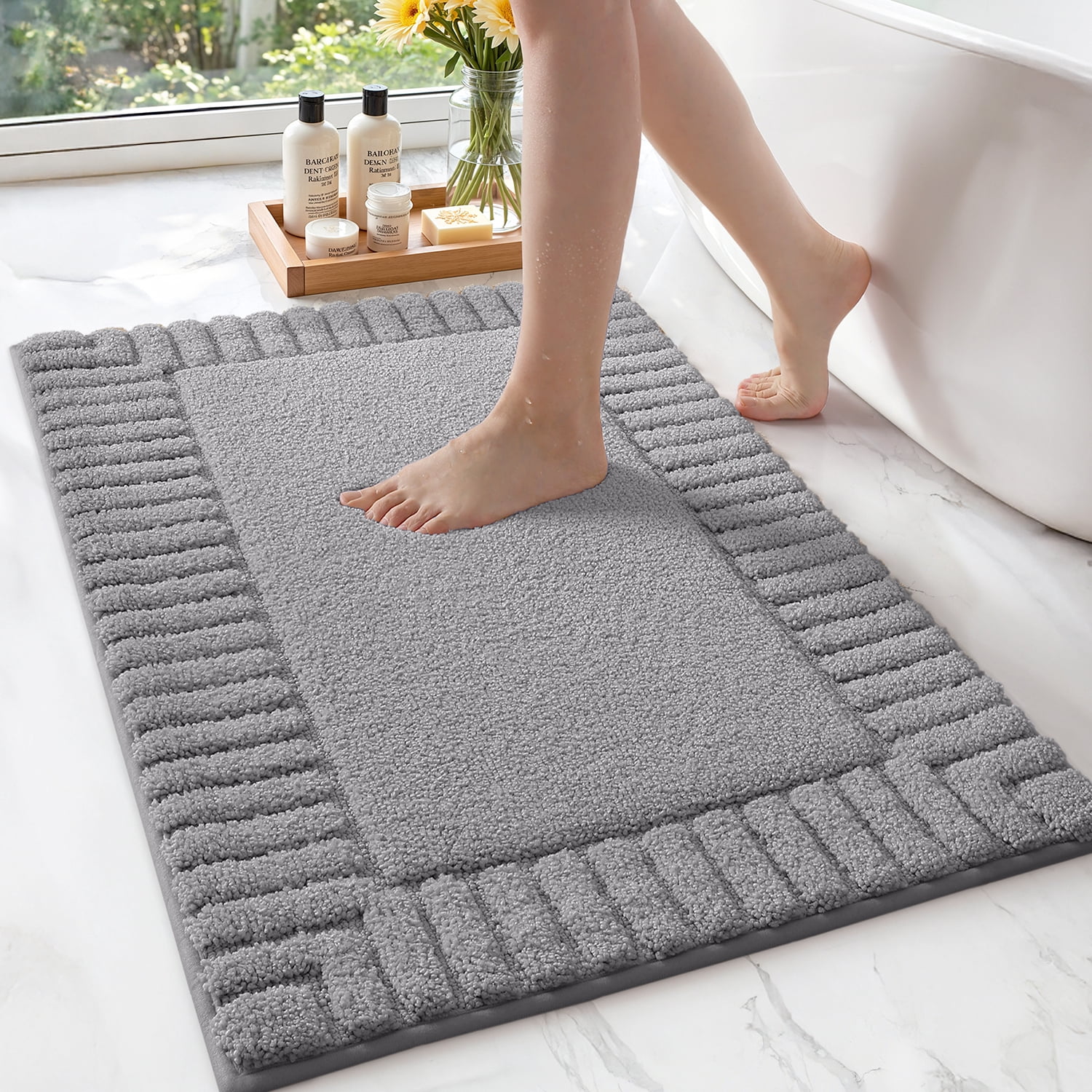 OEAKAY Textured Plush Dark Gray Microfiber Bath Mat, 20"x32", Non-Slip and Absorbent Bathroom Rug, Machine Washable, Quick Drying Shower Floor Carpet