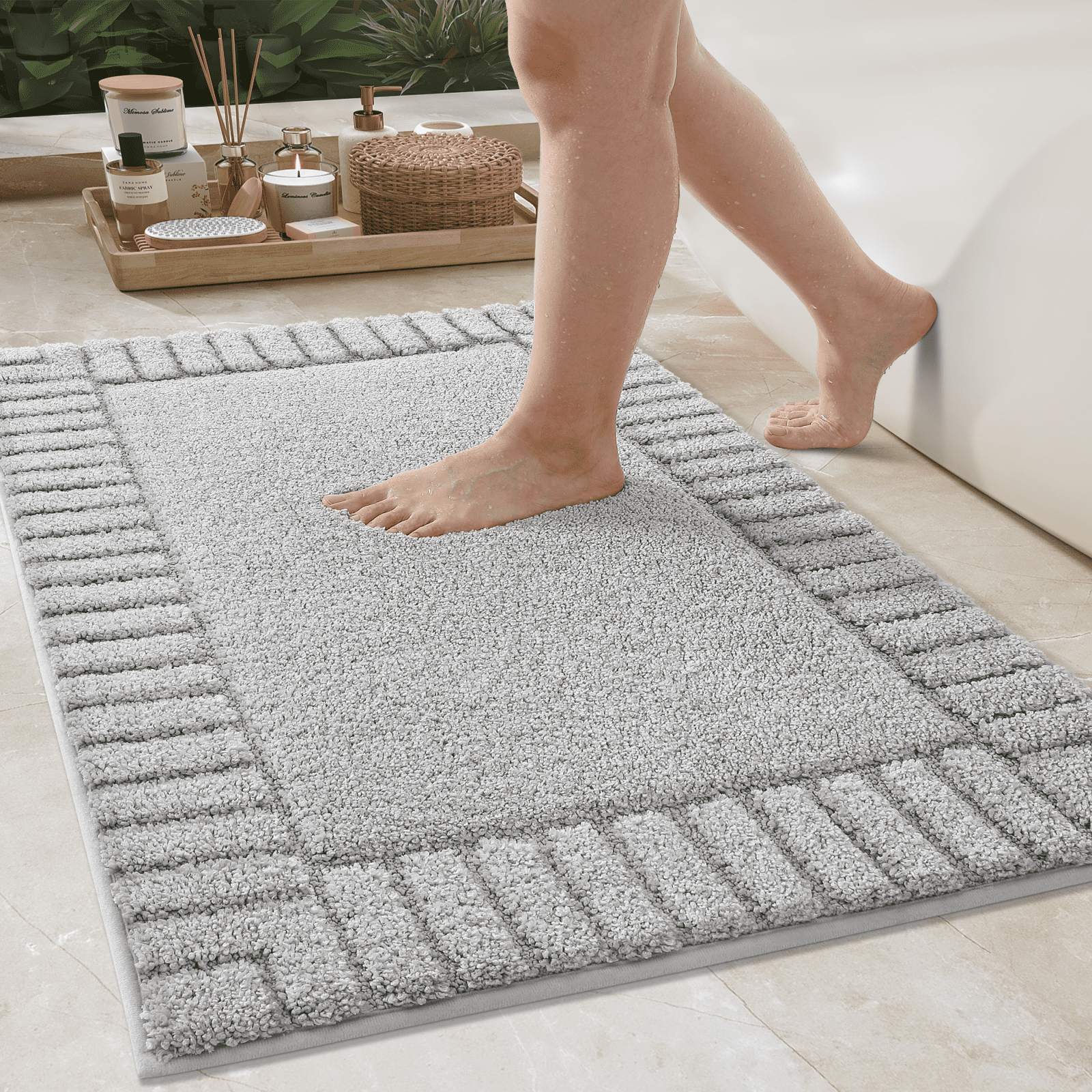 OEAKAY Textured Plush Light Gray Microfiber Bath Mat, 20"x32", Non-Slip ...