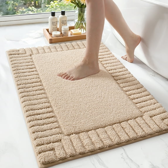 OEAKAY Textured Plush Beige Microfiber Bath Mat, 24"x36", Non-Slip and Absorbent Bathroom Rug, Machine Washable, Quick Drying Shower Floor Carpet