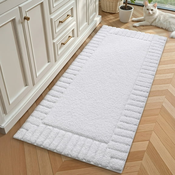 OEAKAY Textured Plush White Microfiber Bath Mat, 24"x43", Non-Slip and Absorbent Bathroom Rug, Machine Washable, Quick Drying Shower Floor Carpet