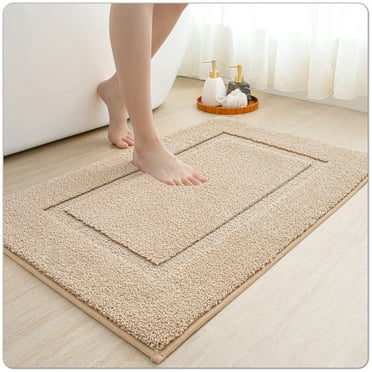 OEAKAY Traditional Microfiber Shag Bath Mat, Super Absorbent and Non-Slip Bathroom Rug for Bathroom Floor, Machine Washable, Soft Beige Carpet, 24"x16"