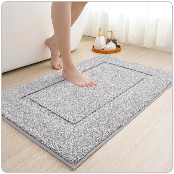 OEAKAY Traditional Shag Bath Mat, Light Gray Soft Microfiber Bathroom Rug for Bathroom Floor, 16"x24", Machine Washable, Super Absorbent and Non-Slip