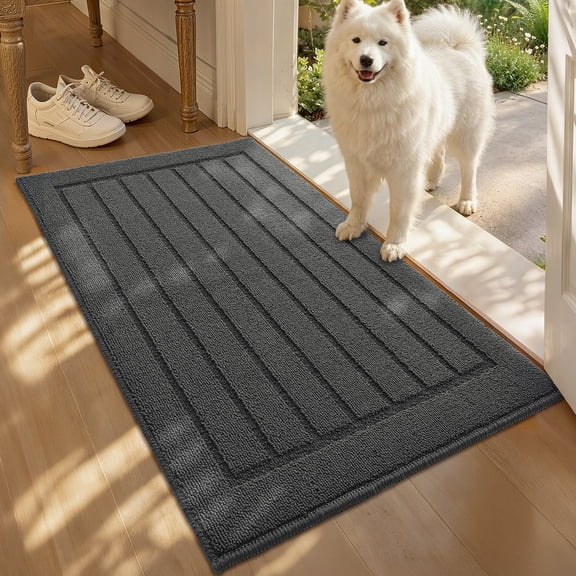OEAKAY Doormat for Inside 17"x29", Non Slip Indoor Doormat for Entryway, Low Profile Entryway Rugs, Easy Clean Dirt Trapper Welcome Mat for Inside, Dark Gray