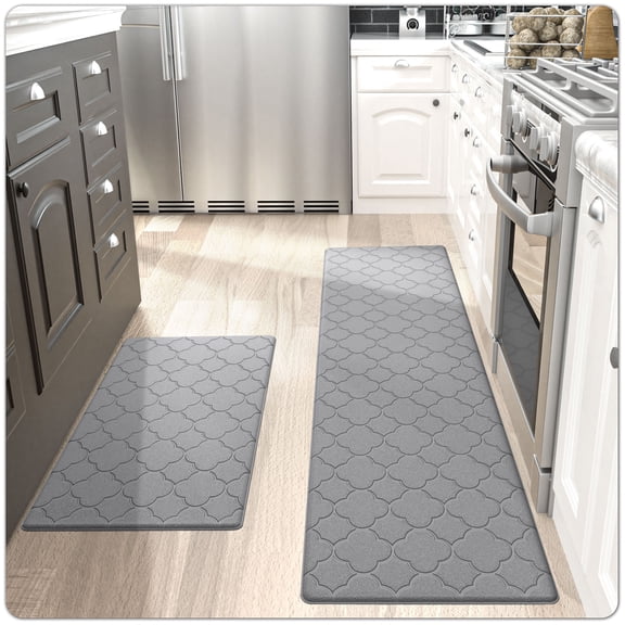 OEAKAY Kitchen Rug 2 Pieces Anti Fatigue Mats for Floor Cushioned Runner Rug Non-Skid Foam Standing Mat Kitchen Rugs and Mats Washable,17"x29"+17"x59", Gray