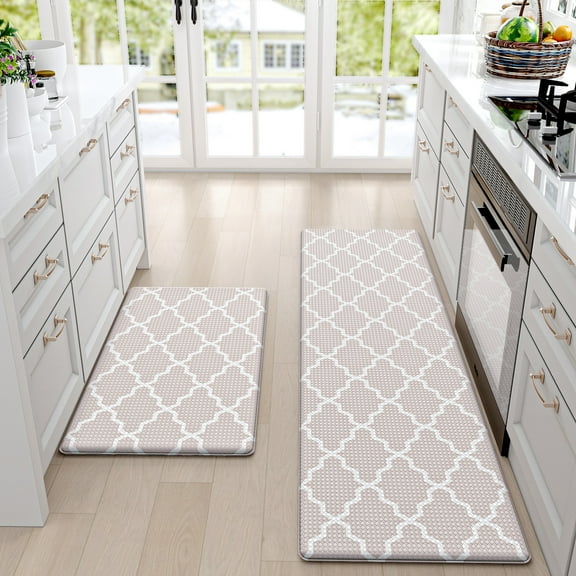 OEAKAY Kitchen Rugs and Mats 2 Piece Set,17.7"x29.5"+17.7"x59" Anti Fatigue Runner Rug Waterproof Memory Rug Cushioned Standing Mat,Beige