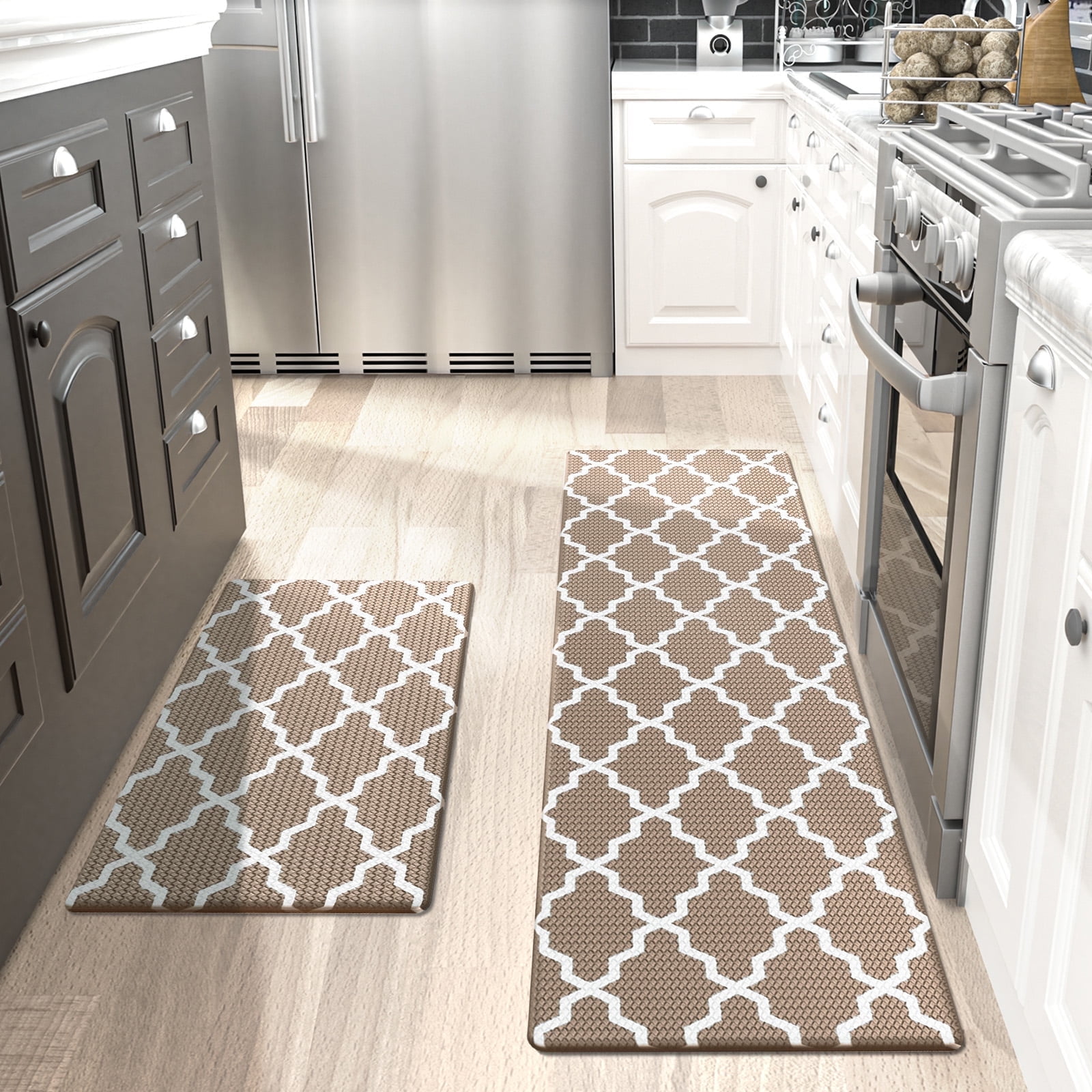 OEAKAY Kitchen Rugs and Mats 2 Piece Set,17.7"x29.5"+17.7"x59" Anti Fatigue Runner Rug Waterproof Memory Rug Cushioned Standing Mat, Brown