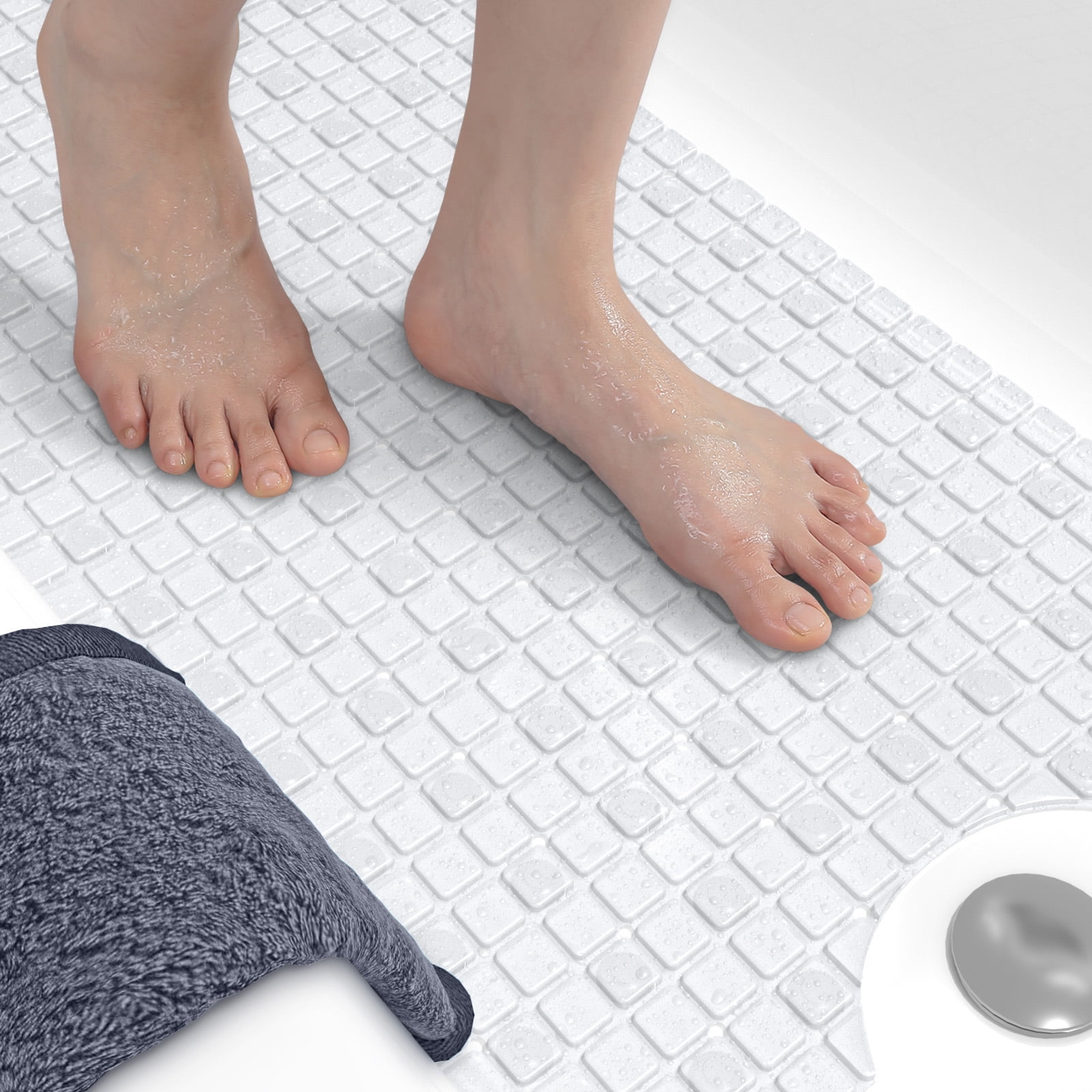 Non-Slip Extra Long Bath Mat with Suction Cups Square Shower Mats Non Slip  Anti Mould Bathtub Mats Anti Slip Shower Mat with Drain Holes  Machine-Washable Ideal for Elderly & Children (Grey)