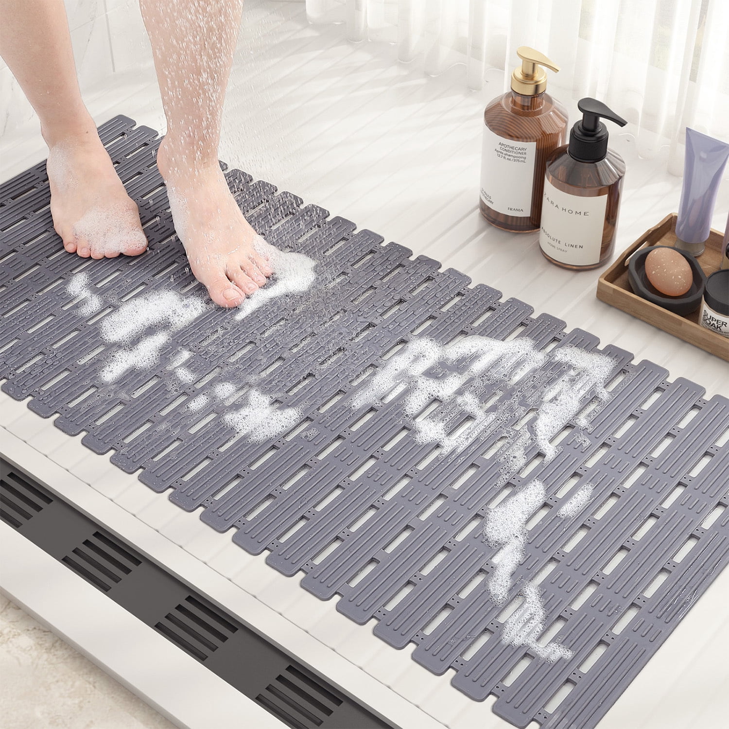 OEAKAY Bathtub Mat, Quick Dry Bath Mat for Tub 16"x 35", Tub Mat with Powerful Suction Cup & Drain Holes , Non-Slip Shower Mat for Bathtub, Easy to Cut, Gray