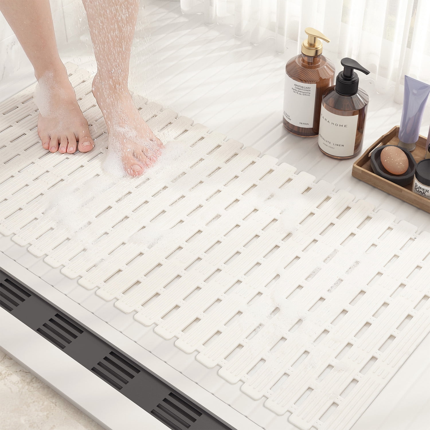 OEAKAY Bathtub Mat, Quick Dry Bath Mat for Tub 16"x 35", Tub Mat with Powerful Suction Cup & Drain Holes , Non-Slip Shower Mat for Bathtub, Easy to Cut, White