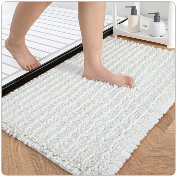 OEAKAY Soft Chenille Bath Mat Bathroom Rug,Non Slip Absorbent Shower Mats,Washable Shaggy Bathtub Bath Rugs Room Entryway,16"x24", White