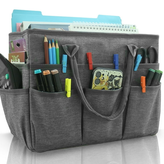 OEBLD Art Organizer Craft Storage Tote Bag with Pockets and Handles, Oxford Fabric Carrying Caddy for Teacher, Officer, Artist, Traveler, and more –Grey