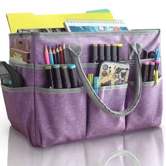 OEBLD Art Organizer Craft Storage Tote Bag with Pockets and Handles, Oxford Fabric Carrying Caddy for Teacher, Officer, Artist, Traveler, and more –Purple