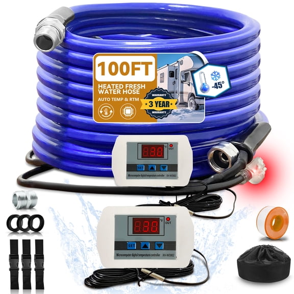 OEBLD Heated Water Hose for RV 100', Digital Display Thermostat, Freeze Protection Down to -45℉, Camper Garden Hose Heater