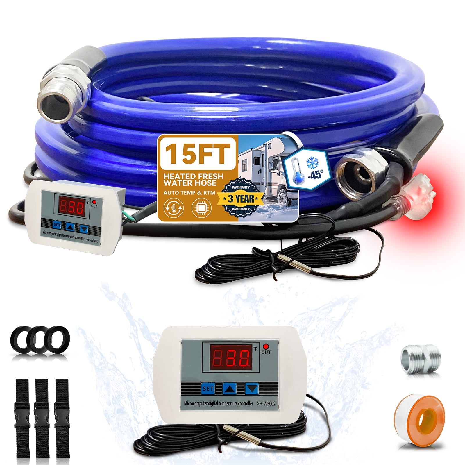 OEBLD Heated Water Hose for RV 15', Digital Display Thermostat, Freeze Protection Down to -45℉, Camper Garden Hose Heater