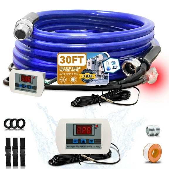 OEBLD Heated Water Hose for RV 30', Digital Display Thermostat, Freeze Protection Down to -45℉, Camper Garden Hose Heater