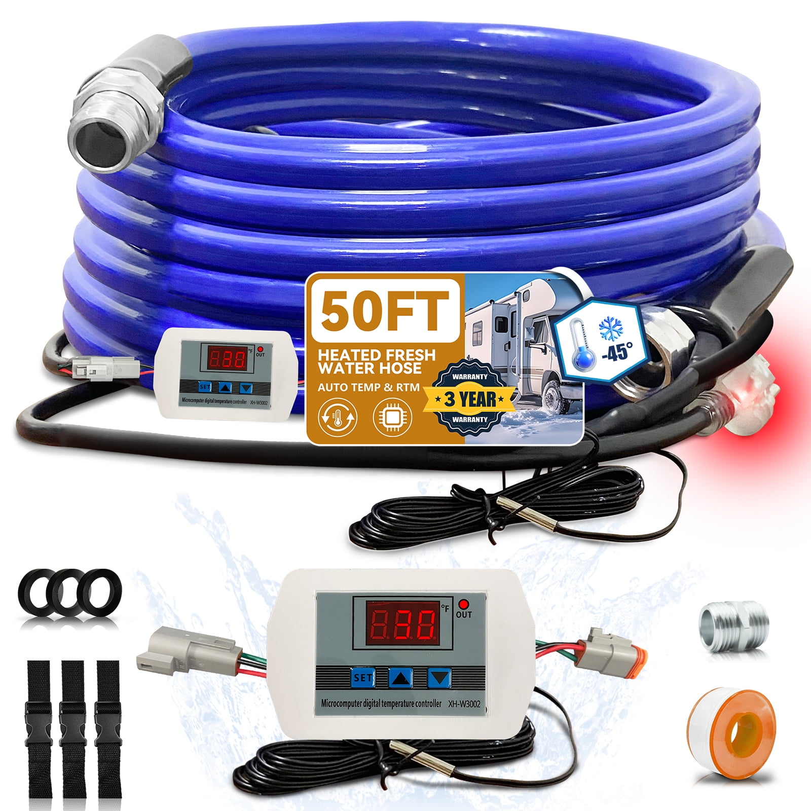 OEBLD Heated Water Hose for RV 50’, Replaceable Digital Display Thermostat, Freeze Protection Down to -45℉, Camper Garden Hose Heater
