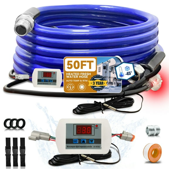 OEBLD Heated Water Hose for RV 50’, Replaceable Digital Display Thermostat, Freeze Protection Down to -45℉, Camper Garden Hose Heater