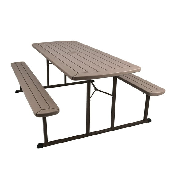 Hampden Furnishings Travis Collection Folding Picnic Table with Built-In Benches, UV-Resistant Outdoor Table, Portable & Sturdy with Umbrella Hole, Brown
